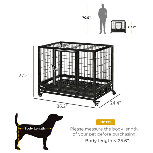 PawHut 36" Heavy Duty Dog Crate with Removable Tray, Lockable Wheels and Double Door, for Medium and Large Dogs, Black