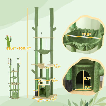 PawHut 89"-100" Floor to Ceiling Cat Tree, Cat Climbing Tower with Grooming Brush Post, Cat Condo, Hammock, Green