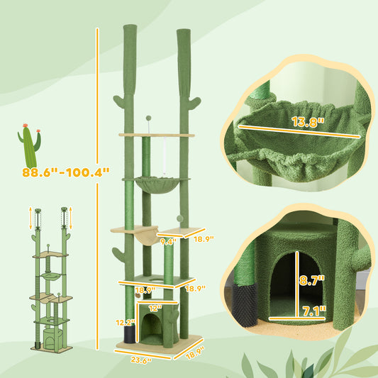 PawHut 89"-100" Floor to Ceiling Cat Tree, Cat Climbing Tower with Grooming Brush Post, Cat Condo, Hammock, Green