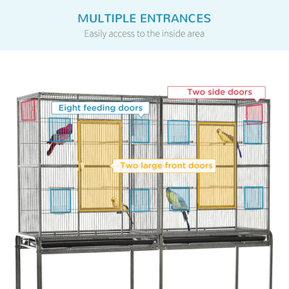 PawHut Rolling 65"L Bird Cage w/ Storage Shelf Wood Perch Food Container