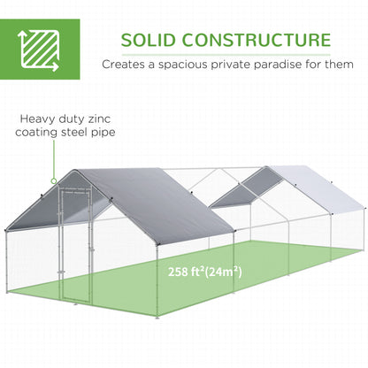 PawHut Large Chicken Coop Metal Chicken Run with Waterproof and Anti-UV Cover, Spire Shaped Walk in Fence Cage Hen House for Outdoor and Yard Farm Use, 1.3" Tube Diameter, 9.8' x 26.2' x 6.4'