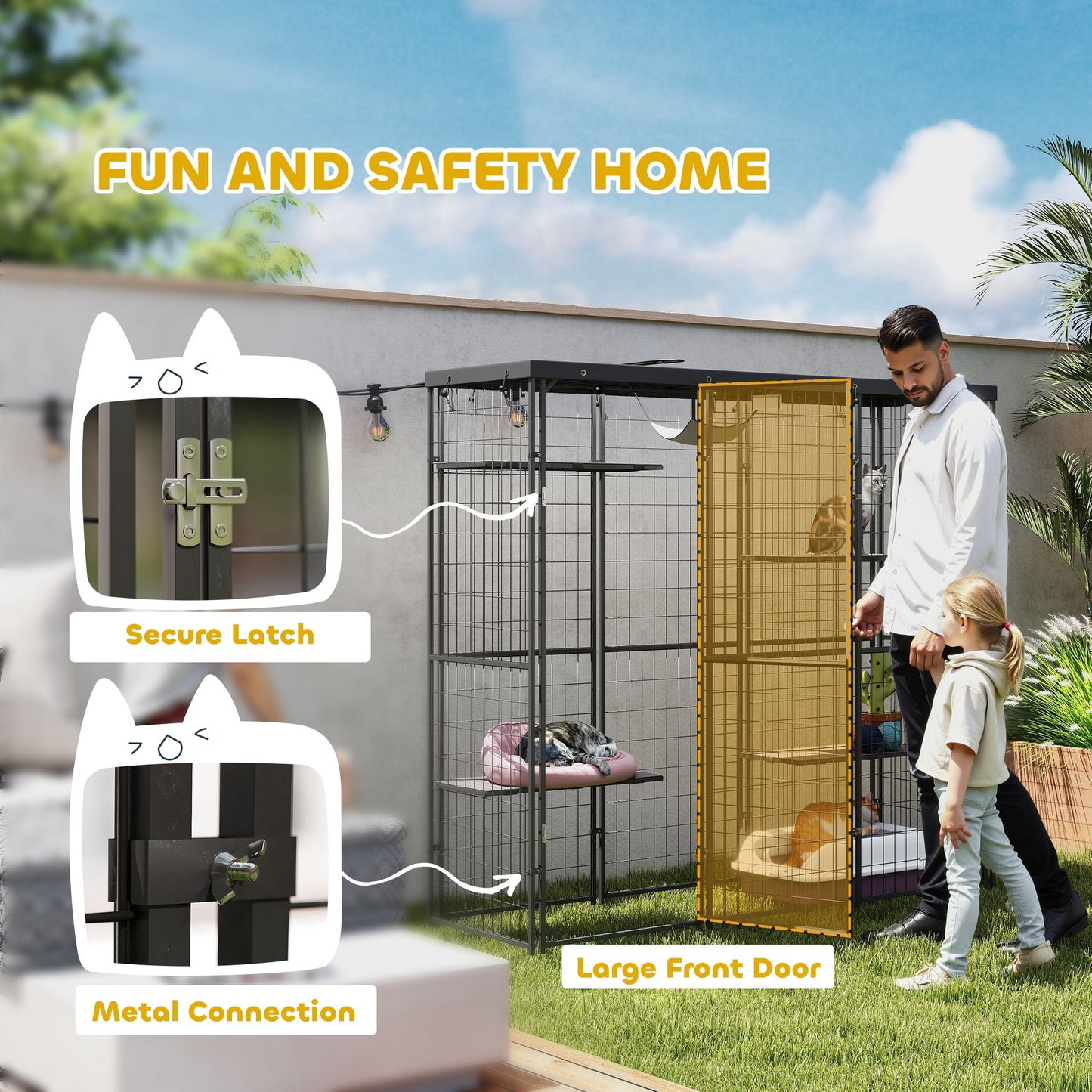 PawHut Weld Wire Catio Outdoor Indoor with Waterproof Cover, 4 Jumping Platforms, Hammock, for 1-3 Kittens, 69" x 22" x 62"
