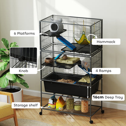 PawHut 59" 5 Level Rolling Small Animal Cage w/Deep Tray & Hammock, Dk Gray