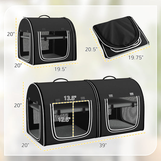 PawHut 39" Portable Soft 2 Sided Pet Cat Carrier with Divider, Two Compartment, Soft Cushions, & Storage Bag, Black