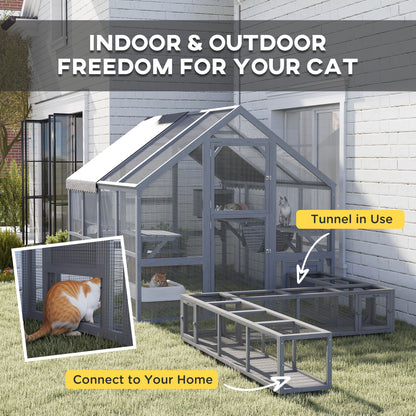 PawHut Wooden Catio Outdoor Cat Enclosure with Waterproof Cover, 2 Condos, 6 Platforms, Bridge, Doors, Gray