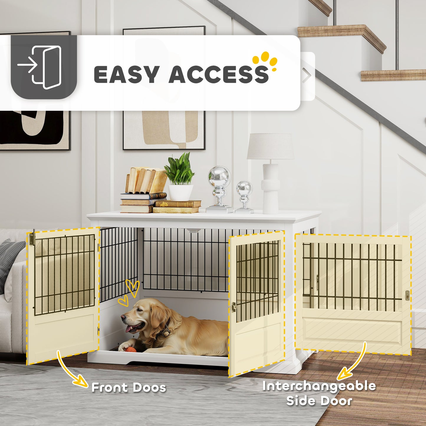 PawHut 43" Dog Crate Furniture with 3 Doors, Removable Tray, for Extra Large Medium Small Dogs, Indoor Use, White