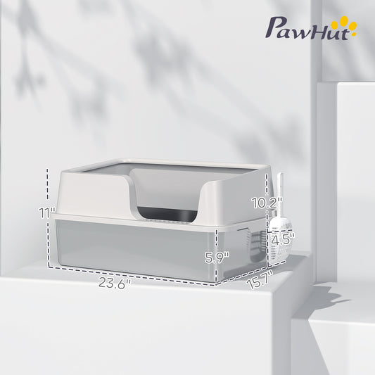 PawHut Stainless Steel High-Side Litter Box w/ Scoop – Light Gray