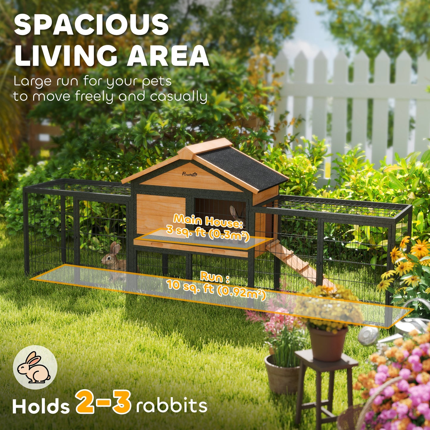 PawHut Wooden Rabbit Hutch Outdoor, 85" w/Steel Run, Asphalt Roof & Ramp