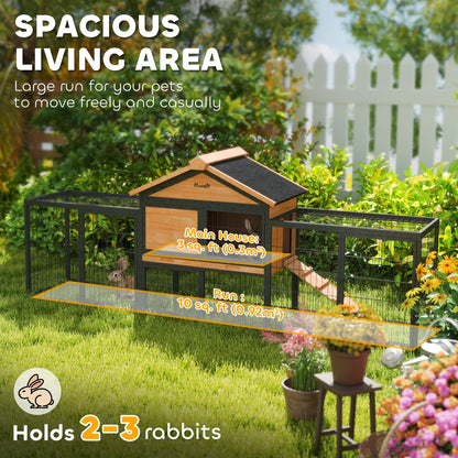 PawHut Wooden Rabbit Hutch Outdoor, 85" w/Steel Run, Asphalt Roof & Ramp