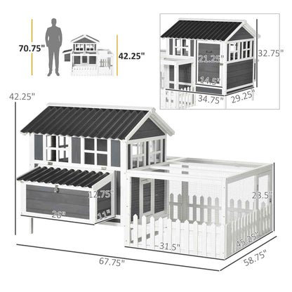 PawHut Wooden Chicken Coop with Run for 3-4 Chickens, 68" x 59" x 42"