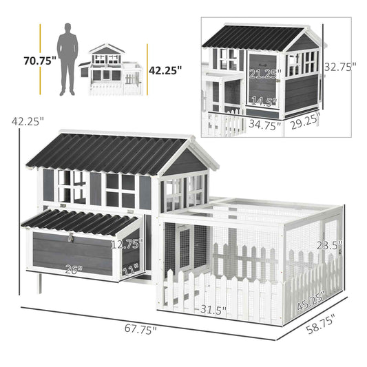 PawHut Wooden Chicken Coop with Run for 3-4 Chickens, 68" x 59" x 42"