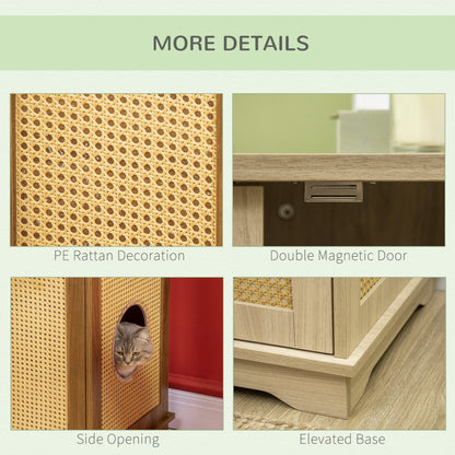 PawHut 3-in-1 Cat Litter Box Furniture Hidden, Cat Cabinet Bed, End Table with Rattan, Kitty Bed with Plush Foam Cushion, Modern Cat Bedding House with End Table Use, Oak