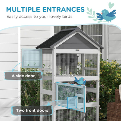 PawHut Wooden Bird Aviary with Slide-Out Tray, Birdhouse, Ladder, Perches for Finches, Parakeets, Gray