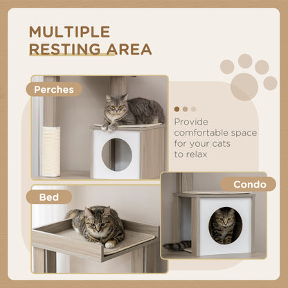 PawHut Cat Litter Box Enclosure Furniture with Cat Tree, Hidden Litter Box with Scratching Post, Bed, Modern Cat House Indoor, Gray