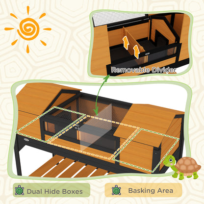PawHut Tortoise Enclosure Tortoise House with Adjustable Lamp Holder Storage Shelf, Dual Main Houses, Openable Lid, Yellow