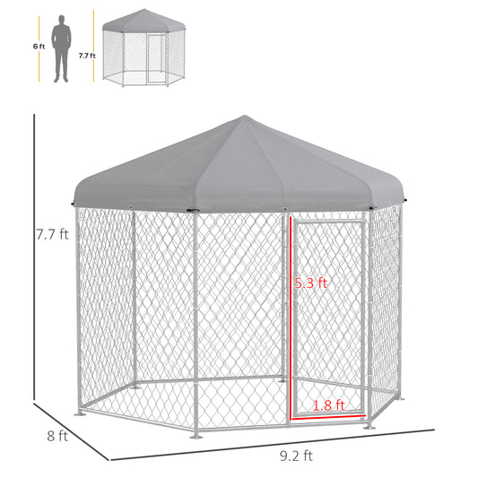 PawHut 9.2' x 8' x 7.7' Dog Kennel Outdoor for Medium and Large-Sized Dogs with Waterproof UV Resistant Roof, Silver