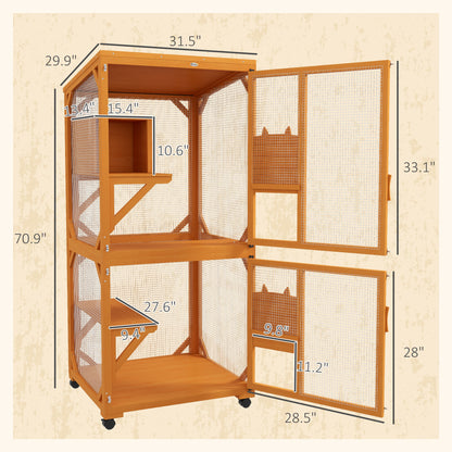 PawHut Large Cat House for 1-3 Cats on Wheels Wooden Catio Enclosure Orange