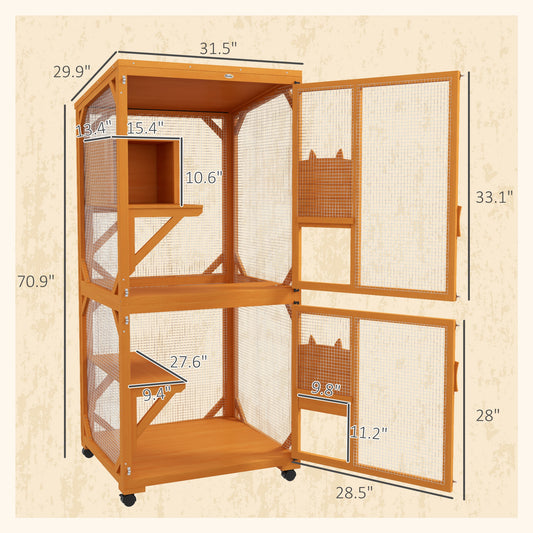 PawHut Large Cat House for 1-3 Cats on Wheels Wooden Catio Enclosure Orange