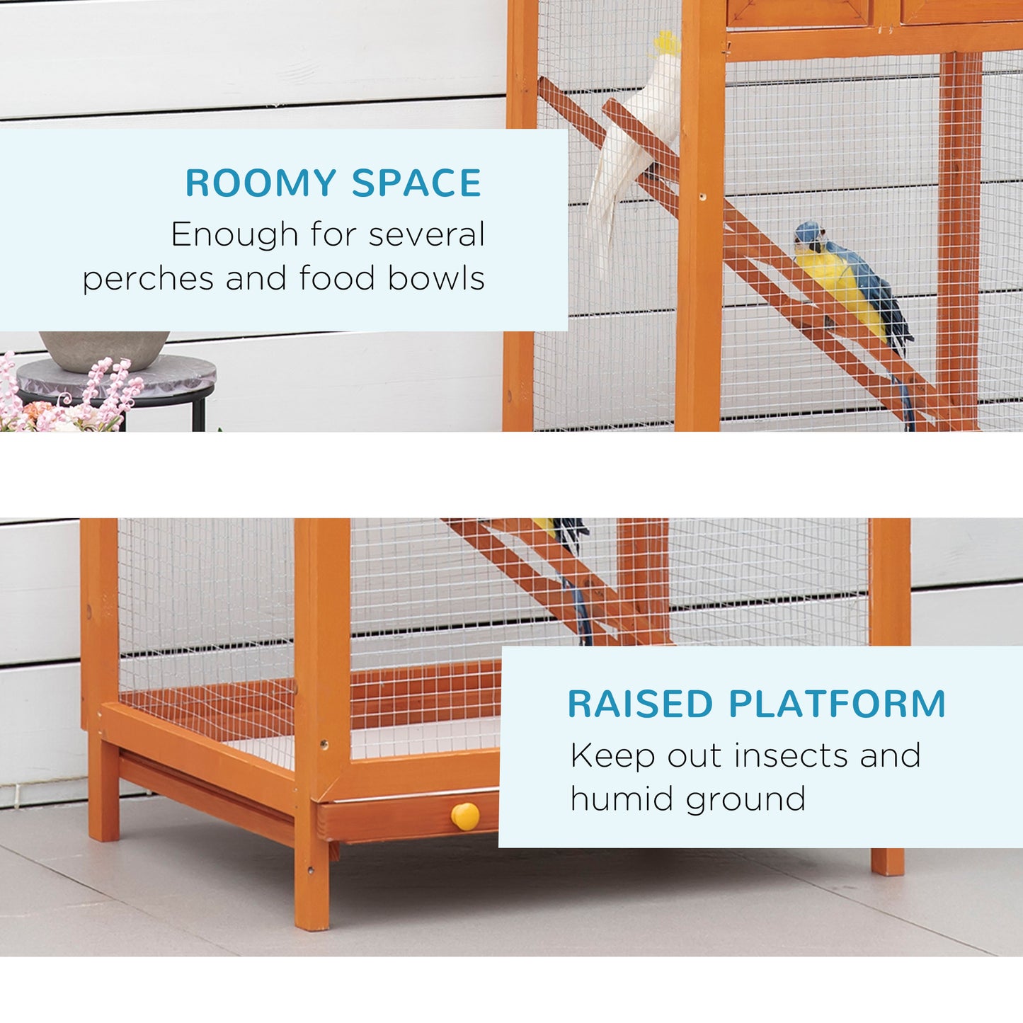 PawHut 65" Outdoor Wooden Birdcage Aviary with Pull Out Tray 2 Doors, Orange
