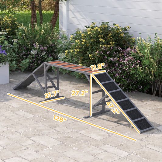 PawHut Dog Agility Equipment Ramp with Safety Bar, Non-slip Surface, for Walk and Pause Training, Gray