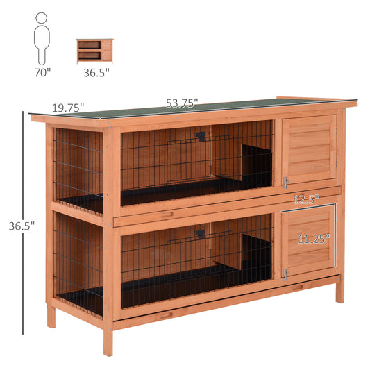 PawHut 54" 2-Story Large Rabbit Hutch Bunny Cage Wooden Pet House Small Animal Habitat with Lockable Doors, No Leak Tray and waterproof Roof for Rabbits, Chickens, Ducks, Outdoor/Indoor Natural