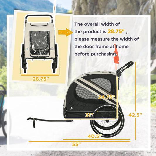 2-in-1 Pet Bike Trailer for Small Dogs, Road-Visibility Dog Stroller Bicycle Carrier, Weather-Strong Bike Wagon Trailer Sidecar Attachment, White