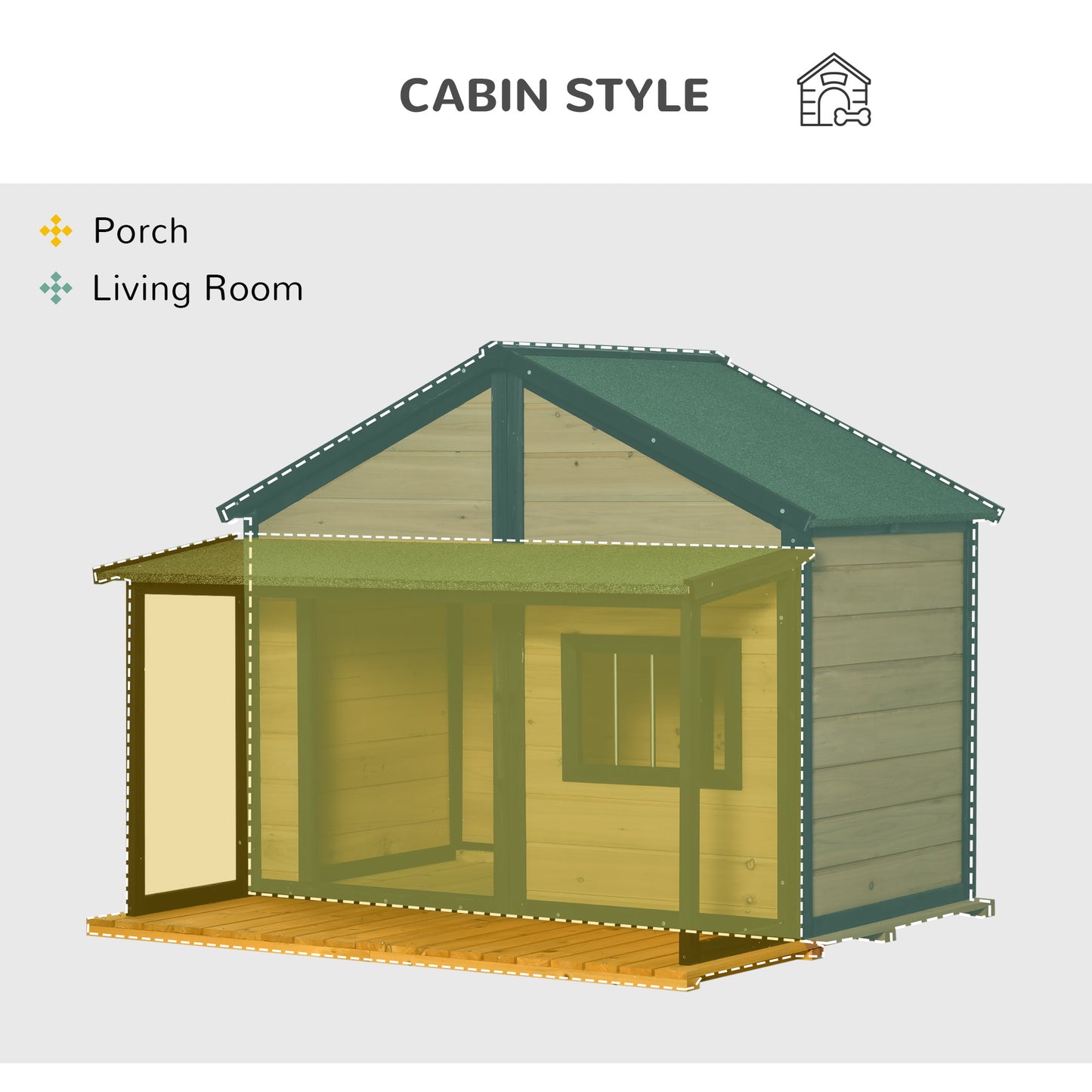 PawHut Outdoor Dog House Cabin Style, Wooden Raised Pet Kennel with Asphalt Roof, Front Door, Side Window, Porch for Medium and Large Dogs, Gray