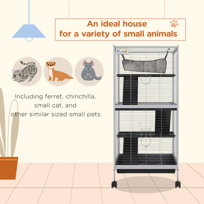 PawHut 45" H Rolling Small Animal Cage with Hammock, Ferret Cage, Chinchilla Cage, Pet Habitat with 6 Doors, Removable Tray