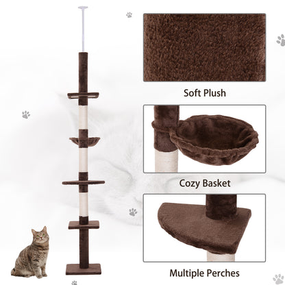 PawHut 8.5' Adjustable Height Floor-to-Ceiling Vertical Cat Tree, 5 Level Cat Climbing Tower, Brown