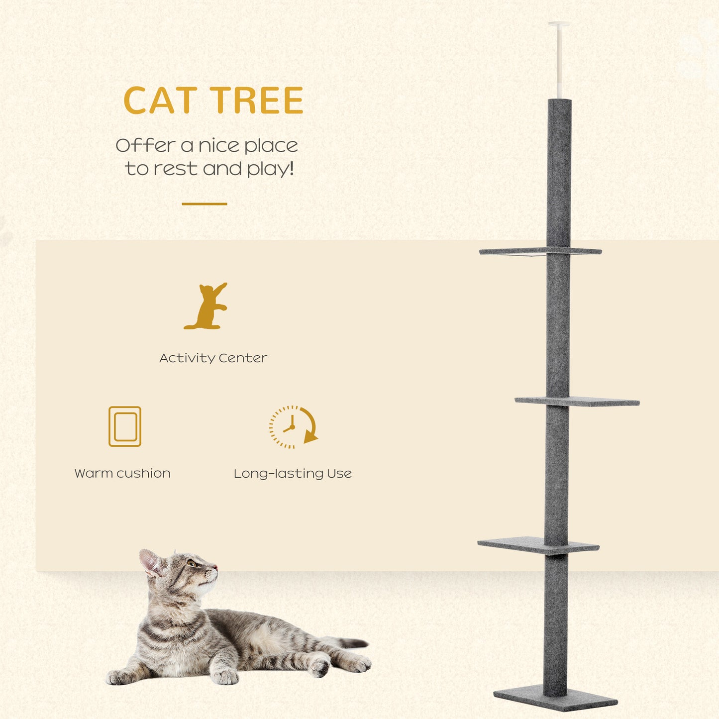 PawHut Floor-to-Ceiling Cat Tree Cat Climbing Tower with Sisal-Covered Scratching Posts Natural Cat Tree Activity Center for kittens Cat tower furniture, Gray