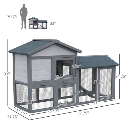 PawHut 58" Large Rabbit Hutch Outdoor Indoor, Wooden Bunny Hutch, Guinea Pig Cage with Run, Removable Tray, Asphalt Roof, Lockable Doors and Ramp, for 1-2 Small Rabbits, Chickens, Ducks, Dark Gray