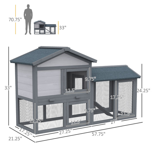 PawHut 58" Large Rabbit Hutch Outdoor Indoor, Wooden Bunny Hutch, Guinea Pig Cage with Run, Removable Tray, Asphalt Roof, Lockable Doors and Ramp, for 1-2 Small Rabbits, Chickens, Ducks, Dark Gray