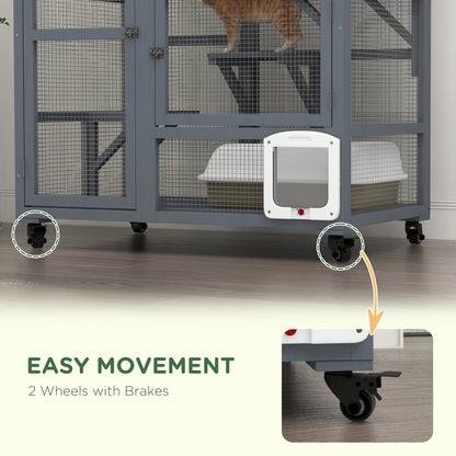 PawHut Cat House, Indoor Cat Enclosure on Wheels with Openable Top, 39"