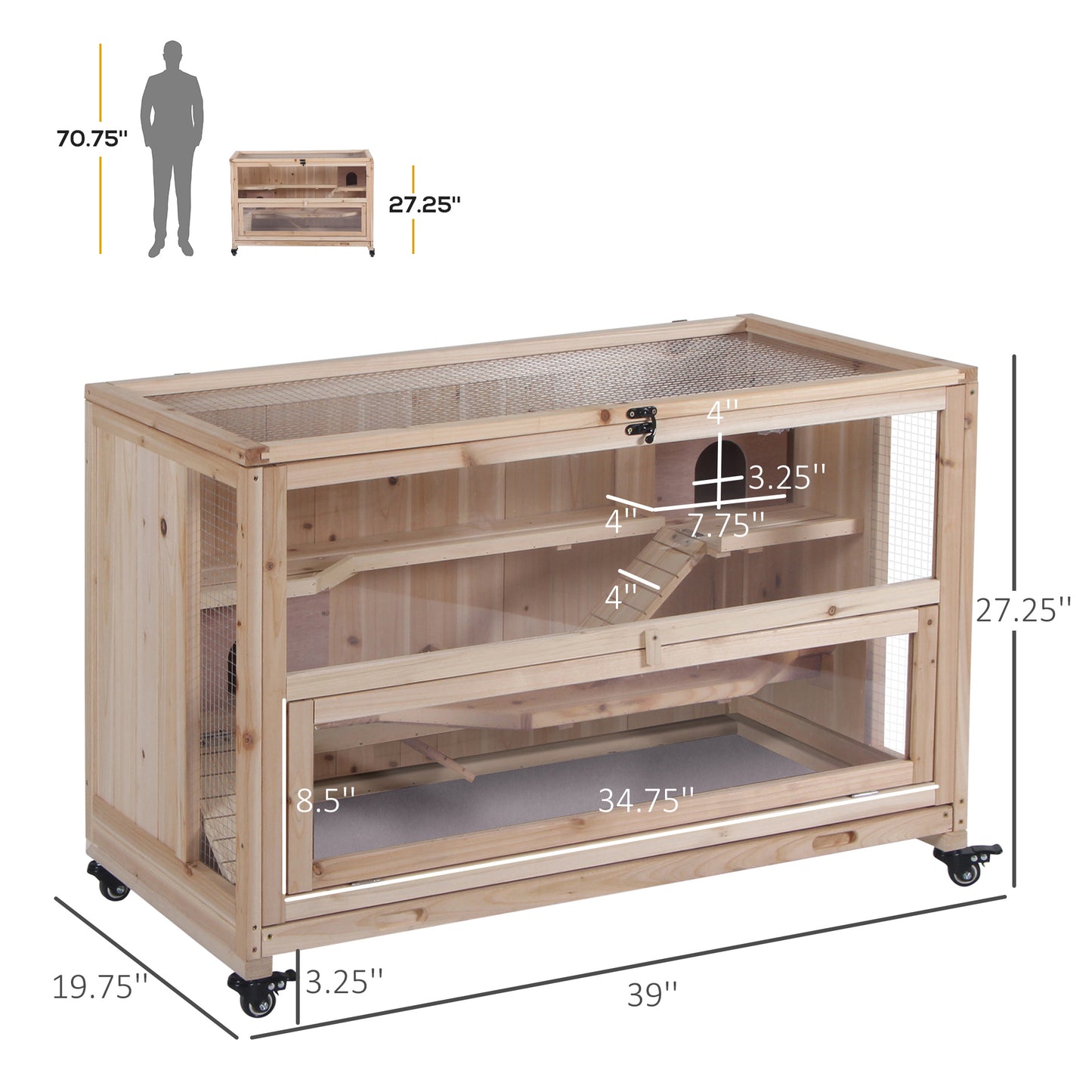 PawHut 3-Tier Wooden Hamster Cage, Small Animals Hutch with Ladders, Natural