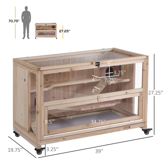 PawHut 3-Tier Wooden Hamster Cage, Small Animals Hutch with Ladders, Natural
