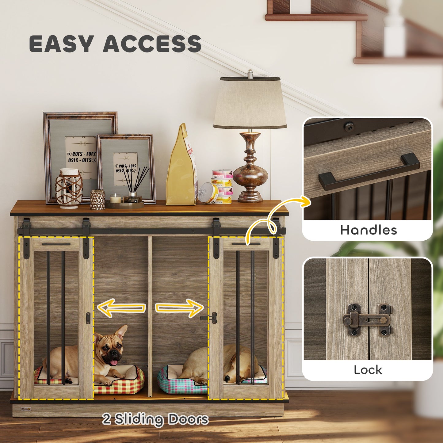 PawHut Dog Crate, Dog Cage End Table with Divider Panel, Dog Crate Furniture for Large Dog and 2 Small Dogs, Oak