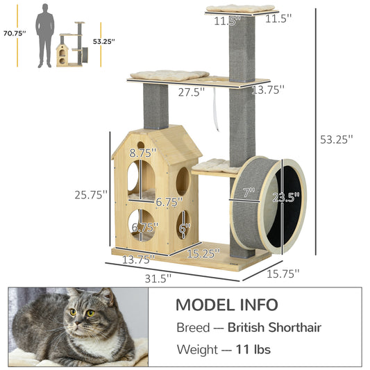 PawHut Cat Tree for Indoor Cats with Scratching Posts, Double-Layer House, 32" x 16" x 53", Natural