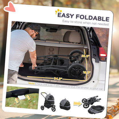 PawHut 3 in 1 Pet Jogging Stroller for Small Dogs and Cats with Detachable Carrier, Storage Basket, Gray