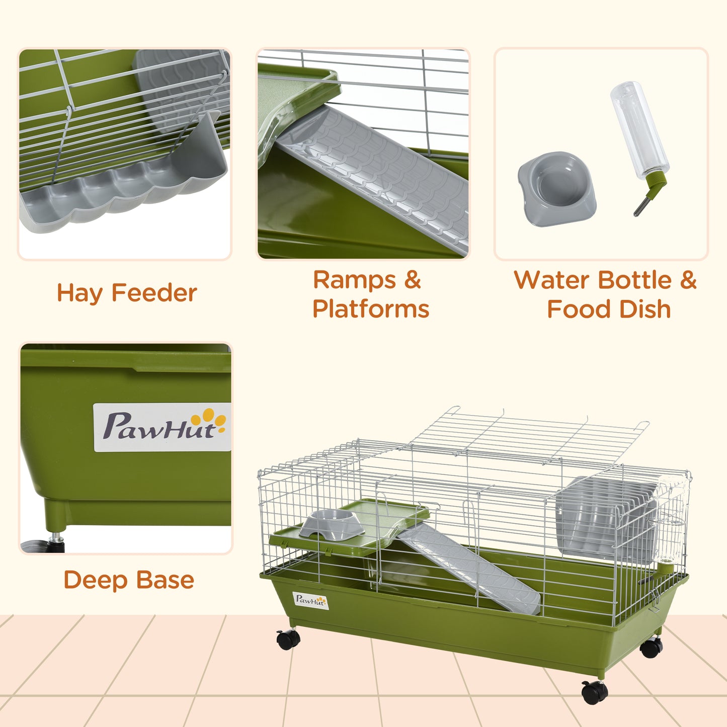 PawHut 35"L Small Animal Cage, Rolling Bunny Cage, Guinea Pig Cage with Food Dish, Water Bottle, Hay Feeder, Platform, Ramp for Chinchilla, Green