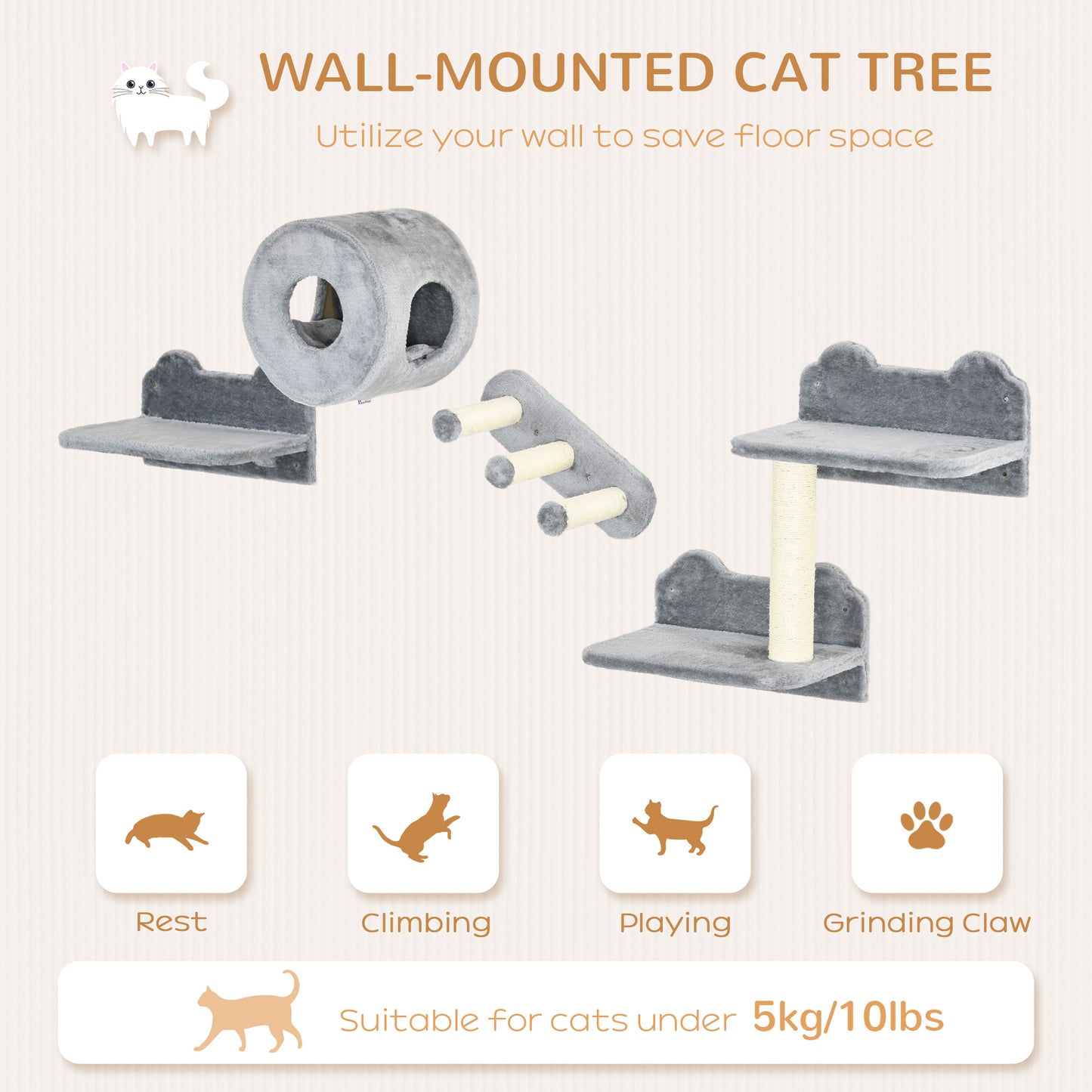 PawHut Cat Wall Shelves, 4 Pcs Cat Wall Furniture, Gray