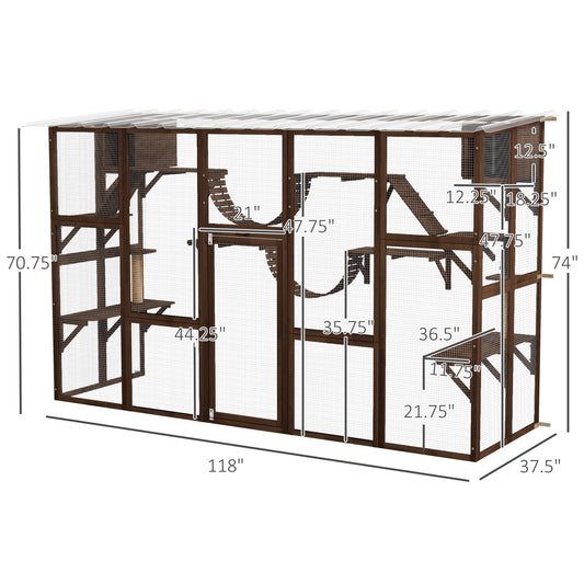 PawHut Catio Playground Cat Window Box Outside Enclosure for Multiple Cats w/ Shelves & Bridges, Coffee Brown