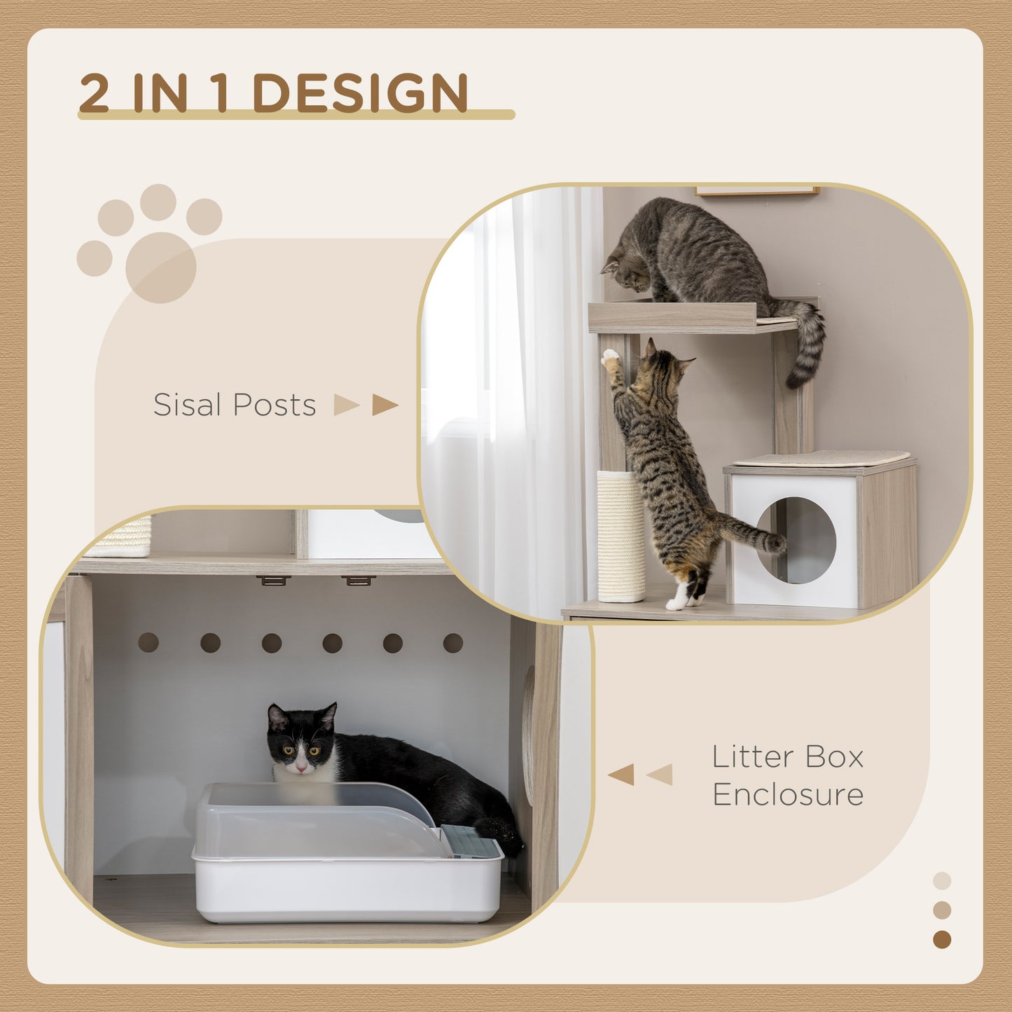 PawHut Cat Litter Box Enclosure Furniture with Cat Tree, Hidden Litter Box with Scratching Post, Bed, Modern Cat House Indoor, Gray