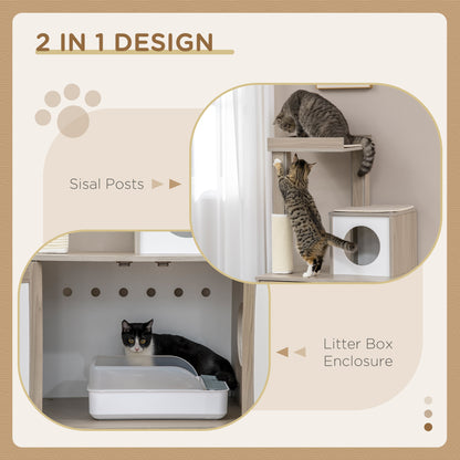 PawHut Cat Litter Box Enclosure Furniture with Cat Tree, Hidden Litter Box with Scratching Post, Bed, Modern Cat House Indoor, Gray