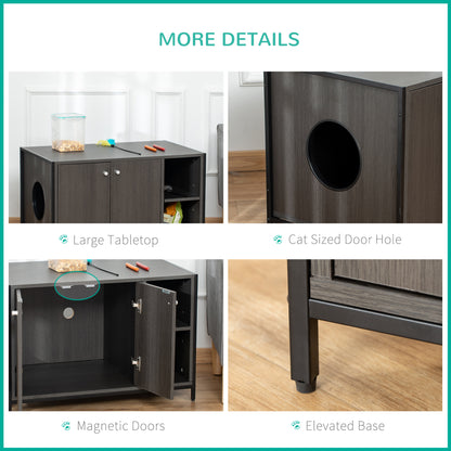 PawHut Large Wooden & Steel Cat Litter Box Enclosure, Kitten Washroom End Table, Indoor Hidden Cat House with Magnetic Doors & Storage Shelves, Black