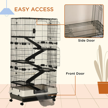 PawHut 6-tier Platform Rolling Small Animal Rabbit Cage with a Large Living Space, Black