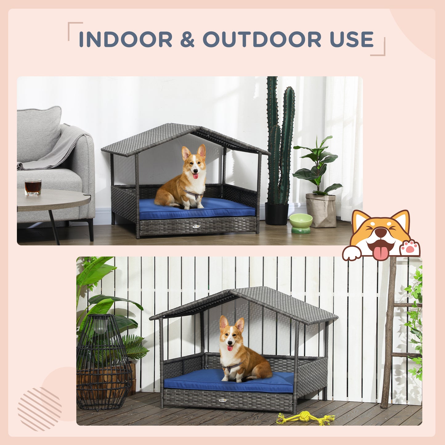 PawHut Wicker Dog House with Removable Cushion Lounge, Dark Blue