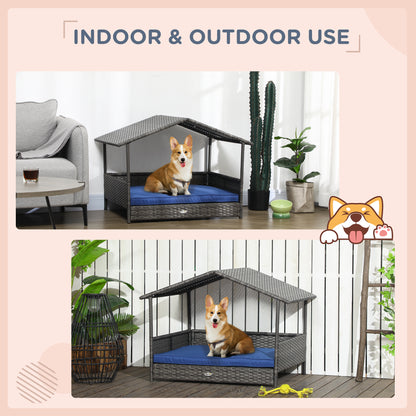 PawHut Wicker Dog House with Removable Cushion Lounge, Dark Blue