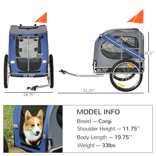 Bike Trailer Cargo Cart for Dogs and Pets with 3 Entrances Large Wheels for Off-Road & Mesh Screen, Blue/Gray