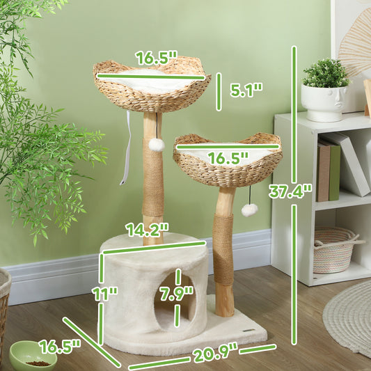 PawHut 37 Inch Modern Cat Tree w/ Wooden Scratching Posts, Condo, Beds, Cushions, Toy Balls & Anti-Tip Kit