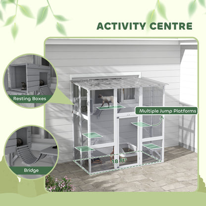 PawHut Catio Outdoor Cat Enclosure, Window Box Wooden Cat House with Bridge Platforms, White